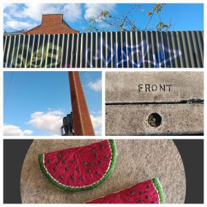a photo collage with 4 images showing fragments of street scenes, fences, pavement and sewn watermelon artwork