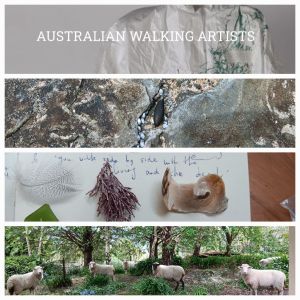 a photo collage with 4 images, fragmented showing Australian walking Artists book, sea rocks, a notebook and sheep