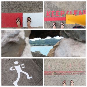 photo collage with 5 images of feet, keep clear signs and view of the sea through rocks